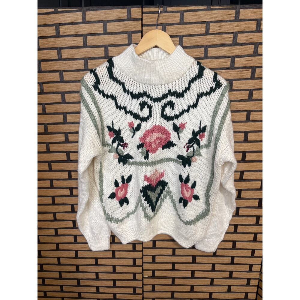 Jamie Scott Knitted‎ By Hand Cream Floral Sweater Size Medium